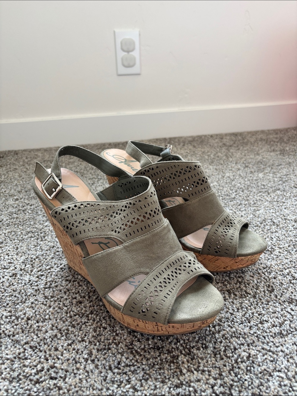 American Rag Olive Green Laser-Cut Cork Wedge Sandals